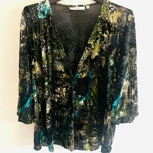 Sejour Velvet Burnout Cardigan Womens 1X Floral Open Front Boho Green Gold